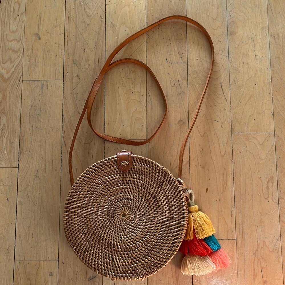 Rattan bag with brown leather cross body strap